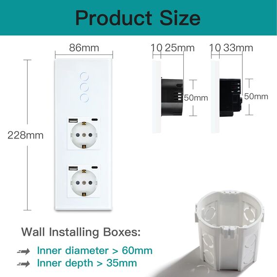 BSEED Touch Lichtschalter 3 Fach 2 Wege mit Doppelt USB C Steckdose aus Glas, Modern Steckdosen Wandschalter Unterputz (Kein Neutralleiter erforderlich), Kein WLAN, 228mm Weiß