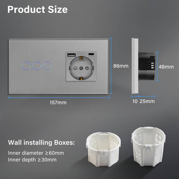BSEED Touch Lichtschalter mit Steckdose USB C aus Glas, Modern Steckdosen Unterputz, Wandschalter mit LED Hinterlicht (Kein Neutralleiter erforderlich), Kein WLAN, 157mm 3 Fach 2 Wege Grau