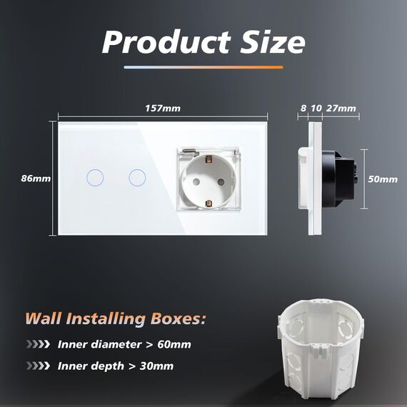 BSEED Lichtschalter mit Steckdose, Glas Wandsteckdose mit Wasserdichter Abdeckung, (Kein Neutralleiter erforderlich), Kein WLAN, 2 Fach 2 Wege, 157mm Weiß