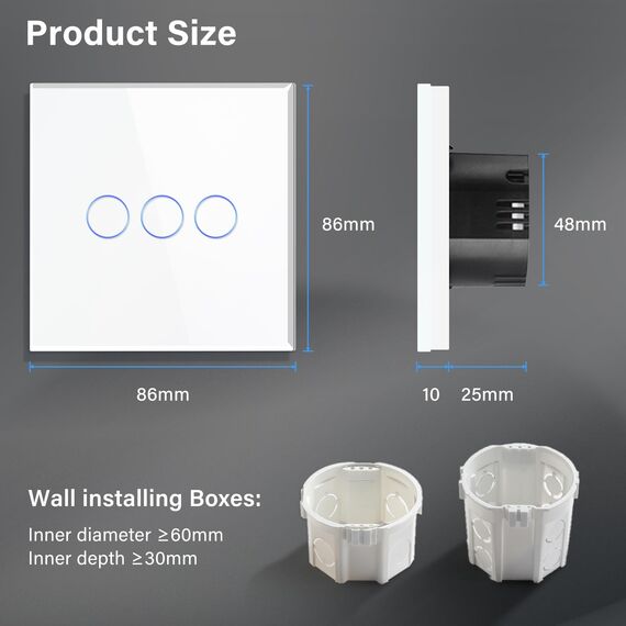 BSEED Touch Lichtschalter aus Glas, Modern Schalter Unterputz, Wandschalter mit LED Hinterlicht (Kein Neutralleiter erforderlich), KEIN WLAN, 86mm 3 Fach 1 Weg Weiß