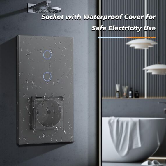 BSEED Lichtschalter mit Steckdose, Glas Wandsteckdose mit Wasserdichter Abdeckung, (Kein Neutralleiter erforderlich), Kein WLAN, 2 Fach 2 Wege, 157mm Grau