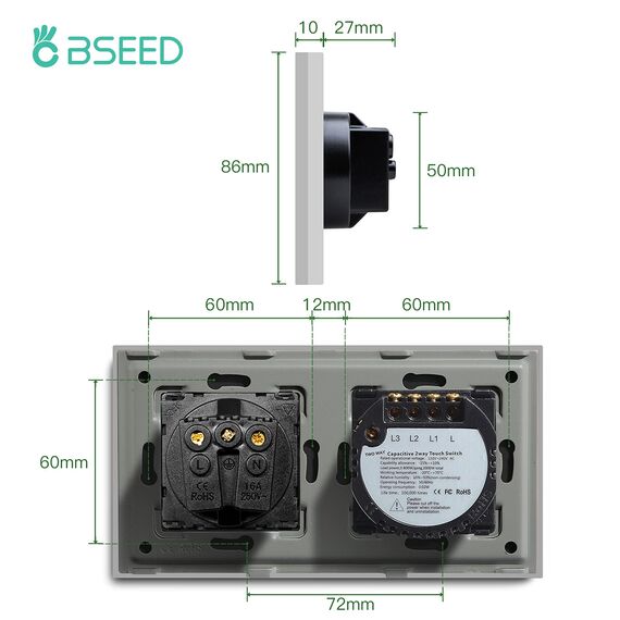 BSEED Touch Lichtschalter mit Steckdose aus Glas, Modern Steckdosen Unterputz, Wandschalter mit LED Hinterlicht (Kein Neutralleiter erforderlich), Kein WLAN, 157mm 3 Fach 2 Wege, Grau