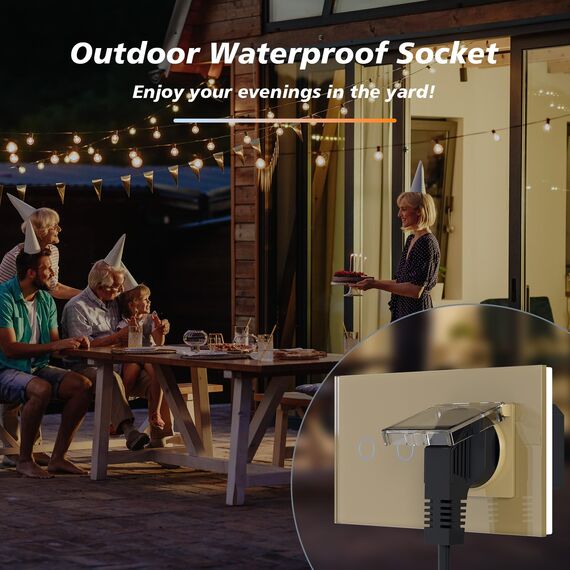 BSEED Lichtschalter mit Steckdose, Glas Wandsteckdose mit Wasserdichter Abdeckung, (Kein Neutralleiter erforderlich), Kein WLAN, 2 Fach 2 Wege, 157mm Gold