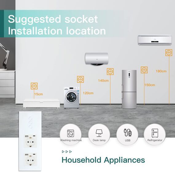BSEED Touch Lichtschalter 3 Fach 2 Wege mit Doppelt USB C Steckdose aus Glas, Modern Steckdosen Wandschalter Unterputz (Kein Neutralleiter erforderlich), Kein WLAN, 228mm Weiß