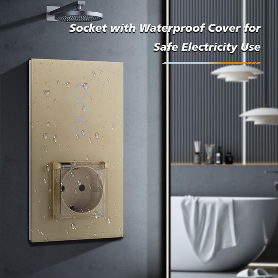 BSEED Lichtschalter mit Steckdose, Glas Wandsteckdose mit Wasserdichter Abdeckung, (Kein Neutralleiter erforderlich), Kein WLAN, 3 Fach 2 Wege, 157mm Gold