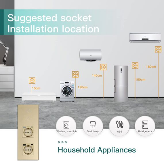 BSEED Touch Lichtschalter 2 Fach 2 Wege mit Doppelt USB C Steckdose aus Glas, Modern Steckdosen Wandschalter Unterputz (Kein Neutralleiter erforderlich), Kein WLAN, 228mm Gold