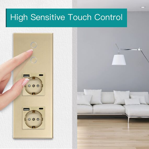 BSEED Touch Lichtschalter 2 Fach 2 Wege mit Doppelt USB C Steckdose aus Glas, Modern Steckdosen Wandschalter Unterputz (Kein Neutralleiter erforderlich), Kein WLAN, 228mm Gold