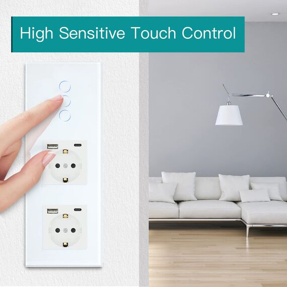 BSEED Touch Lichtschalter 3 Fach 2 Wege mit Doppelt USB C Steckdose aus Glas, Modern Steckdosen Wandschalter Unterputz (Kein Neutralleiter erforderlich), Kein WLAN, 228mm Weiß