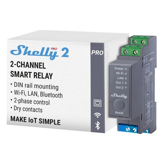 Shelly Pro 2 | LAN & WLAN 2-Kanal DIN-Schienen Relais Schalter - 25A | Potentialfreie Kontakte | Alexa & Google Home | iOS Android App | Lichtsteuerung | Fernsteuerung | Wasserverteiler