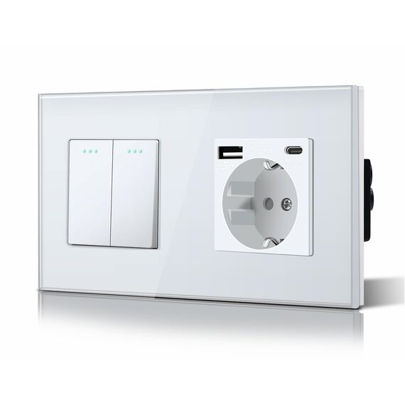 BSEED Druckknopf Rocker Tactile 2 Fach 2 Weg Lichtschalter Glas und 3 in 1 Steckdose mit 2.1A USB Ladeleistung mit Type C Adapter Aufladestation Glasscheibe Wandschalter Weiß