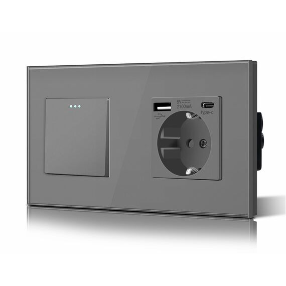 BSEED Druckknopf Rocker Tactile 1 Fach 3 Weg Lichtschalter Glas und 3 in 1 Steckdose mit 2.1A USB Ladeleistung mit Type C Adapter Aufladestation Glasscheibe Wandschalter Grau