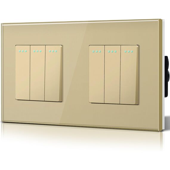 BSEED Doppel Lichtschalter Glas 3-Fach 2-Wege-Glasscheibe Schalter 157 * 86mm Wandlichtschalter Gold
