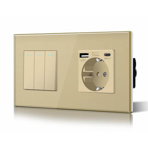 BSEED Druckknopf Rocker Tactile 3 Fach 2 Weg Lichtschalter Glas und 3 in 1 Steckdose mit 2.1A USB Ladeleistung mit Type C Adapter Aufladestation Glasscheibe Wandschalter Gold