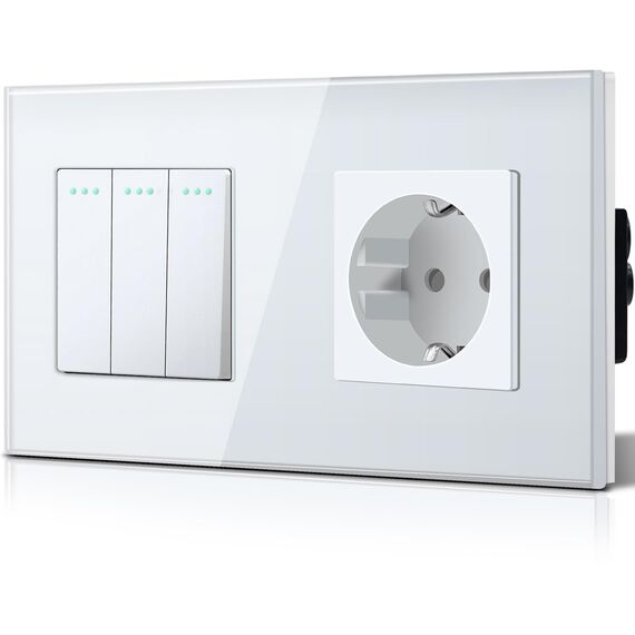 BSEED Druckknopf lichtschalter glas und 16A AC EU Steckdose Glasscheibe 3 Fach 2 Weg Wandschalter Weiß