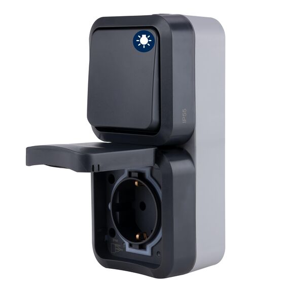 REV AquaStorm, Feuchtraum Steckdose Aufputz mit Lichtschalter, IP55, senkrecht, 230V, 16A, anthrazit