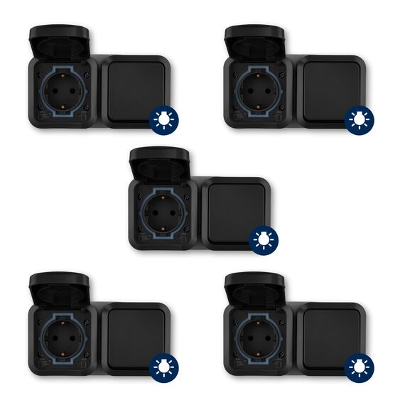 REV AquaStorm SPARSET - 5x Steckdose mit Lichtschalter - Feuchtraum, Aufputz, IP55, waagrecht, 230V, 16A, anthrazit