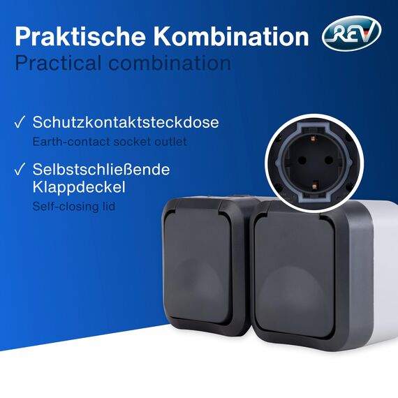 REV AquaStorm, Feuchtraum Steckdose 2-fach Aufputz IP55, zweipolig, waagrecht, 230V, 16A, anthrazit