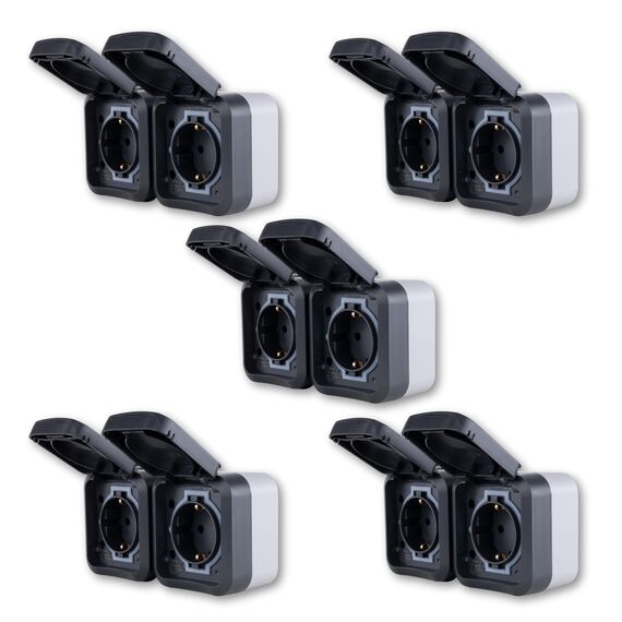 REV AquaStorm SPARSET - 5x Doppelsteckdose - Steckdose Feuchtraum IP55, zweipolig, Aufputz, waagrecht, 230V, 16A, anthrazit