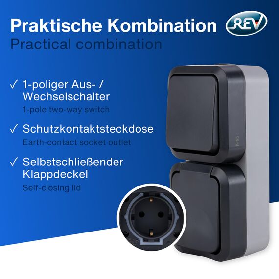 REV AquaStorm SPARSET - 5x Steckdose mit Lichtschalter - Feuchtraum, Aufputz, IP55, senkrecht, 230V, 16A, anthrazit