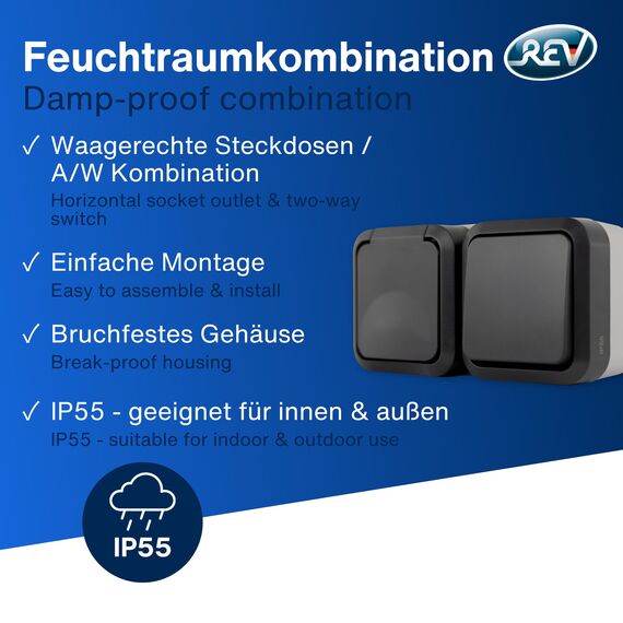 REV AquaStorm SPARSET - 5x Steckdose mit Lichtschalter - Feuchtraum, Aufputz, IP55, waagrecht, 230V, 16A, anthrazit