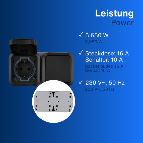 REV AquaStorm SPARSET - 5x Steckdose mit Lichtschalter - Feuchtraum, Aufputz, IP55, waagrecht, 230V, 16A, anthrazit