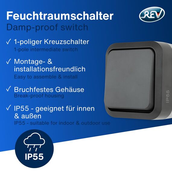 REV AquaStorm SPARSET - 5x Kreuzschalter - Lichtschalter Feuchtraum IP55, einpolig, Aufputz, 230V, 10A, anthrazit
