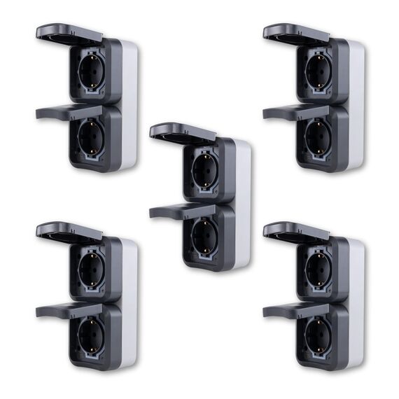 REV AquaStorm SPARSET - 5x Doppelsteckdose - Steckdose Feuchtraum IP55, zweipolig, Aufputz senkrecht, 230V, 16A, anthrazit