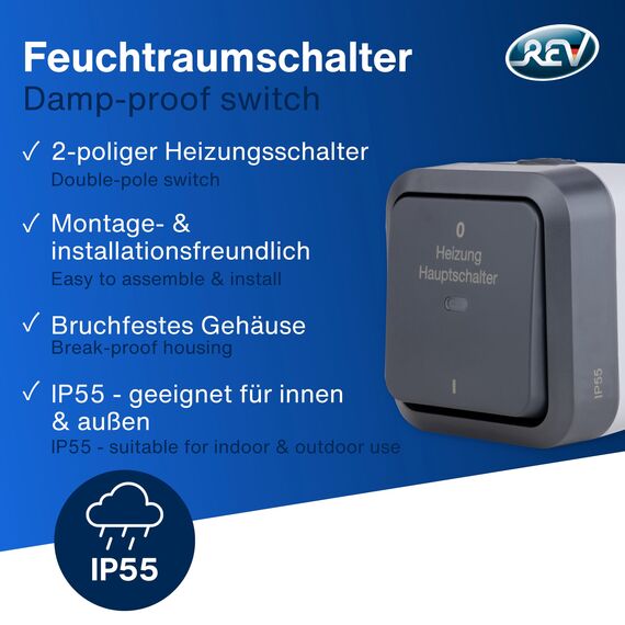 REV AquaStorm, Heizungs-Hauptschalter Feuchtraum IP55, zweipolig, Aufputz, 230V, 10A, anthrazit