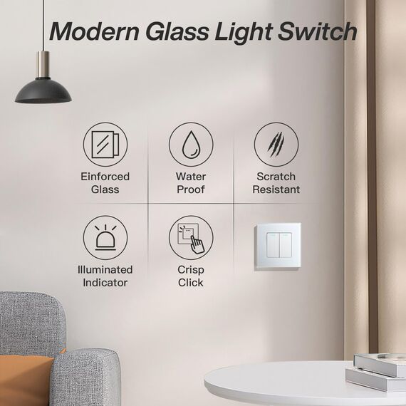 BSEED Kipplichtschalter 2 Fach 2 Wege Weiß PC-Knopf 10 Ampere Mechanischer Wandlichtschalter 86 mm Glasrahmen