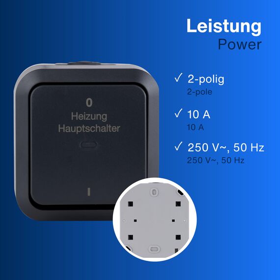 REV AquaStorm, Heizungs-Hauptschalter Feuchtraum IP55, zweipolig, Aufputz, 230V, 10A, anthrazit