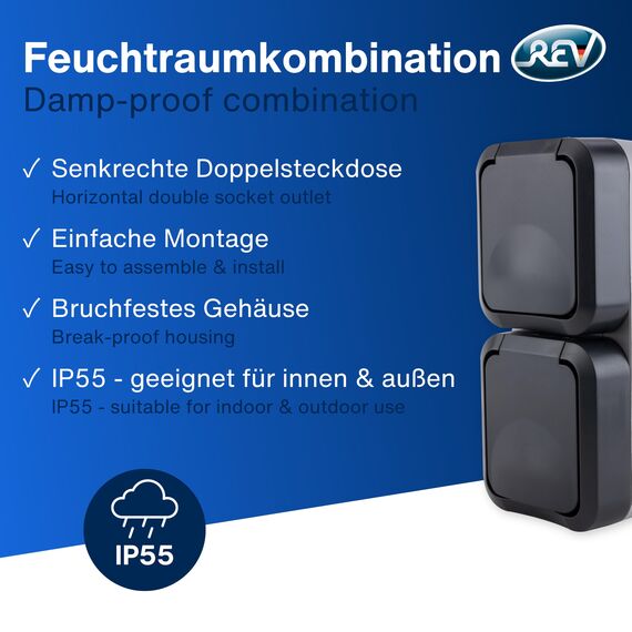 REV AquaStorm SPARSET - 5x Doppelsteckdose - Steckdose Feuchtraum IP55, zweipolig, Aufputz senkrecht, 230V, 16A, anthrazit