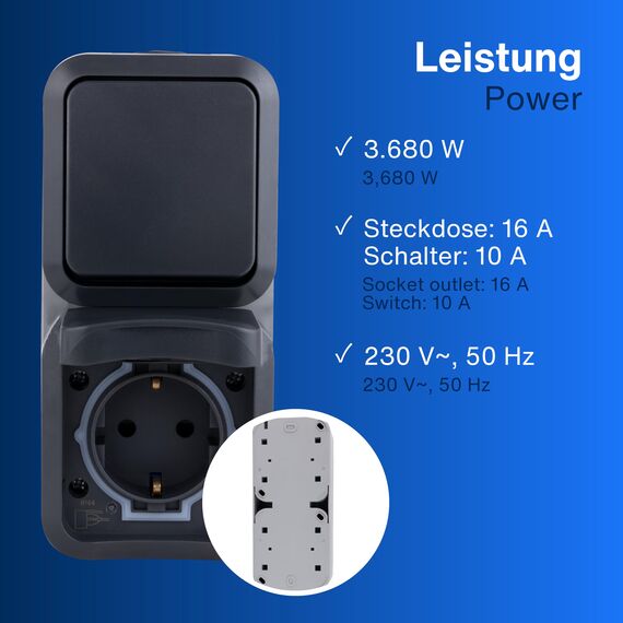 REV AquaStorm, Feuchtraum Steckdose Aufputz mit Lichtschalter, IP55, senkrecht, 230V, 16A, anthrazit
