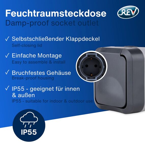 REV AquaStorm, Steckdose 1-fach, Feuchtraum, IP55 zweipolig, Aufputz, 230V, 16A, anthrazit