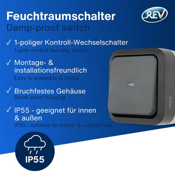 REV AquaStorm SPARSET - 5x Kontrollschalter - Lichtschalter Feuchtraum IP55, einpolig, Aufputz, 230V, 10A, anthrazit