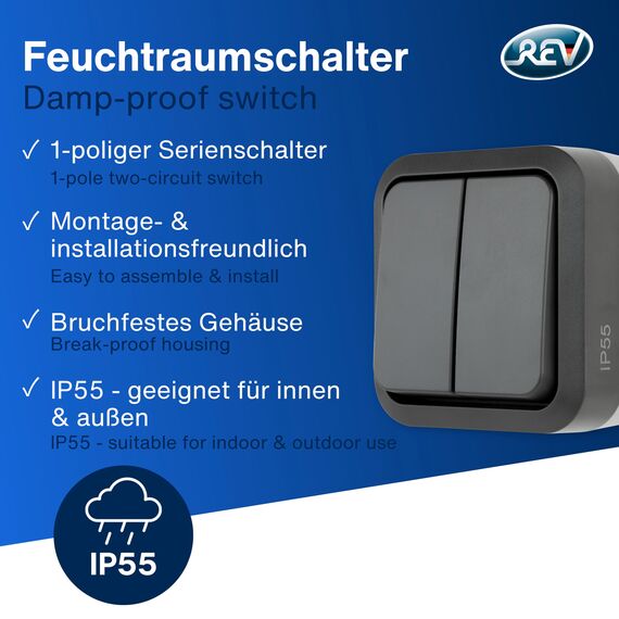REV AquaStorm, Serienschalter, Lichtschalter Feuchtraum IP55, einpolig, Aufputz, 230V, 10A, anthrazit