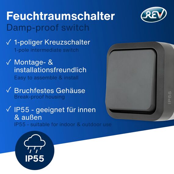 REV AquaStorm, Kreuzschalter, Lichtschalter Feuchtraum IP55, einpolig, Aufputz, 230V, 10A, anthrazit