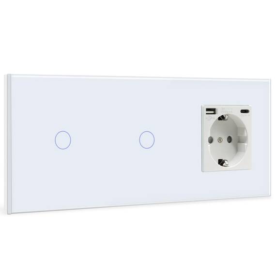 BSEED Touch Lichtschalter mit Steckdosen doppelte 1 Fach 1 Weg Wandschalter mit einer USB Steckdose Anschluss (Max. 2.1A) Typ C Port Unterputz Touchscreen-schalter mit Glasrahmen 228mm Weiß