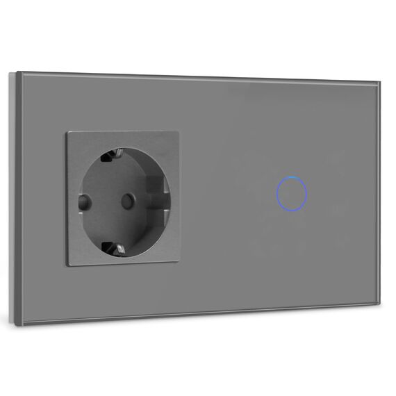 BSEED Steckdose mit Lichtschalter,Glas Touch Lichtschalter Unterputz Schalter,Schuko Steckdose mit 1 Fach 1 Wege Wandschalter Grau(Nicht Smart Schalter)