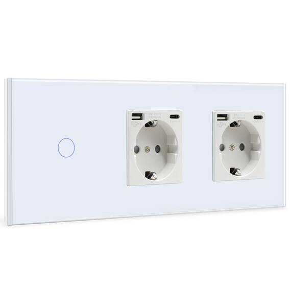 BSEED Touch Lichtschalter mit USB Steckdose Anschluss (Max. 2.1A) Typ C Port 1 Fach 1 Weg Wandschalter mit doppelten Steckdosen Unterputz Touchscreen-schalter mit Glasrahmen 228mm Weiß