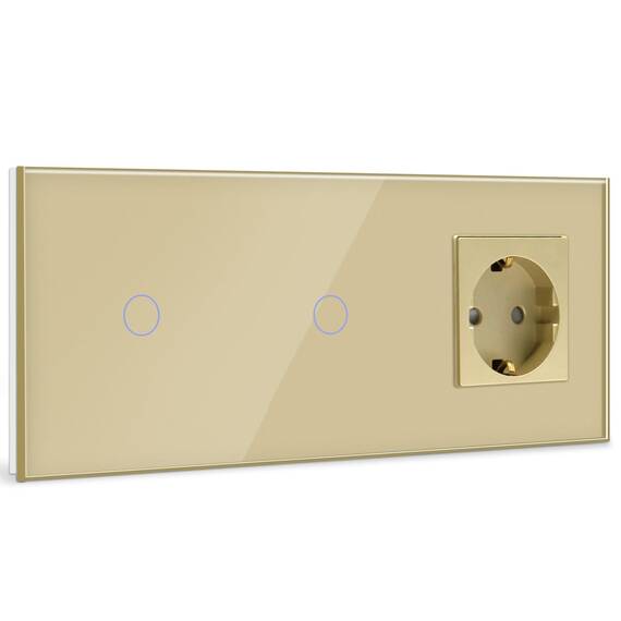 BSEED Touch Lichtschalter mit Steckdosen doppelte 1 Fach 1 Weg Wandschalter mit einer Steckdose Unterputz Touchscreen-schalter mit Glasrahmen 228mm Golden