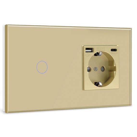 BSEED Touch Lichtschalter mit USB Steckdose Anschluss (Max. 2.1A) Typ C Port 1 Fach 1 Weg Wandschalter mit USB Steckdose Unterputz Lichtschalter mit Glasrahmen Golden (Nicht Smart Schalter)