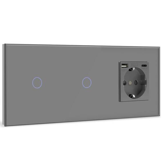 BSEED Touch Lichtschalter mit Steckdosen doppelte 1 Fach 1 Weg Wandschalter mit einer USB Steckdose Anschluss (Max. 2.1A) Typ C Port Unterputz Touchscreen-schalter mit Glasrahmen 228mm Grau