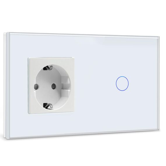 BSEED Steckdose mit Lichtschalter,Glas Touch Lichtschalter Unterputz Schalter,Schuko Steckdose mit 1 Fach 1 Wege Wandschalter Weiß(Nicht Smart Schalter)
