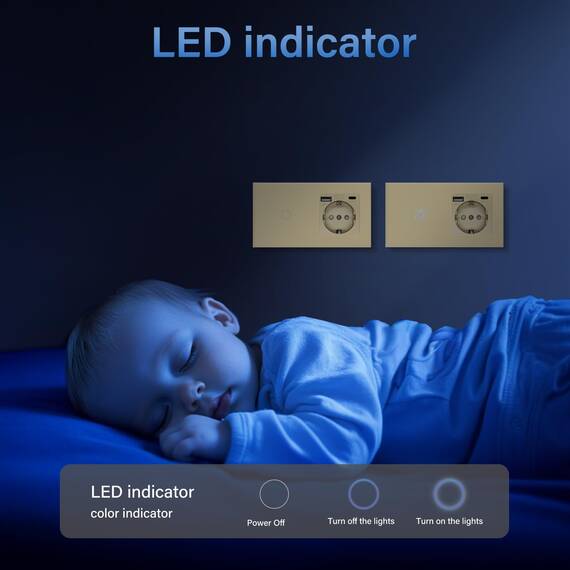 BSEED Touch Lichtschalter mit USB Steckdose Anschluss (Max. 2.1A) Typ C Port 1 Fach 1 Weg Wandschalter mit USB Steckdose Unterputz Lichtschalter mit Glasrahmen Golden (Nicht Smart Schalter)