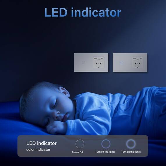 BSEED Touch Lichtschalter mit USB Steckdose Anschluss (Max. 2.1A) Typ C Port 1 Fach 1 Weg Wandschalter mit USB Steckdose Unterputz Lichtschalter mit Glasrahmen Weiß (Nicht Smart Schalter)