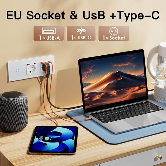 BSEED Touch Lichtschalter mit USB Steckdose Anschluss (Max. 2.1A) Typ C Port 1 Fach 1 Weg Wandschalter mit doppelten Steckdosen Unterputz Touchscreen-schalter mit Glasrahmen 228mm Weiß