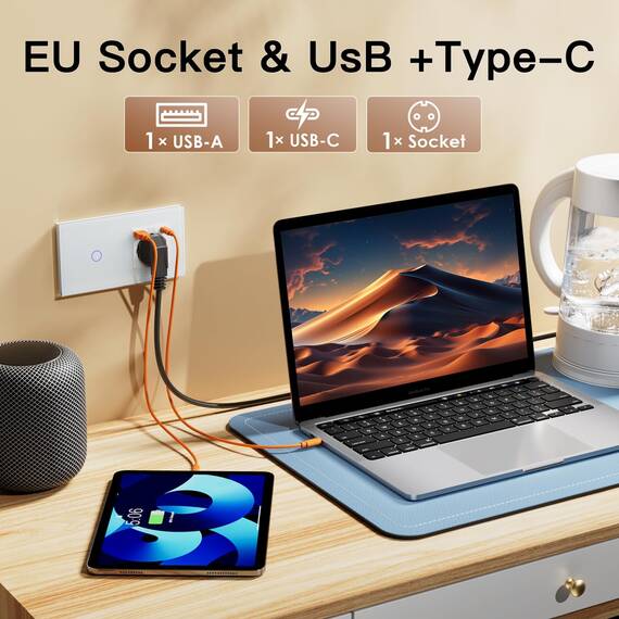 BSEED Touch Lichtschalter mit USB Steckdose Anschluss (Max. 2.1A) Typ C Port 1 Fach 1 Weg Wandschalter mit USB Steckdose Unterputz Lichtschalter mit Glasrahmen Weiß (Nicht Smart Schalter)