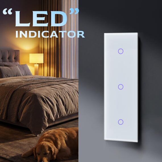 BSEED Touch Lichtschalter Dreifach1 Fach 1 Weg Glas Lichtschalter weiß Led Touch Schalter Touchscreen Funktioniert mit LED Lampe 228mm EU Standard