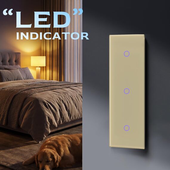 BSEED Touch Lichtschalter 1 Fach 1 Weg Dreifach Glas Lichtschalter Gold Led Touch Schalter Touchscreen Funktioniert mit LED Lampe 228mm EU Standard