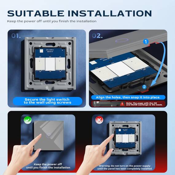 BSEED Touch Lichtschalter Dreifach 1 Fach 1 Weg Glas Lichtschalter Grau Led Touch Schalter Touchscreen Funktioniert mit LED Lampe 228mm EU Standard